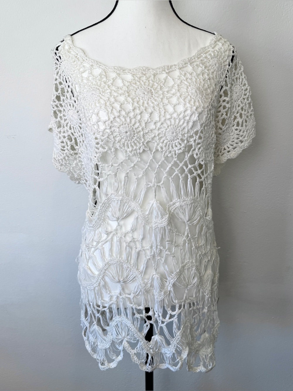 Crochet Cover Up Top Size Large White Boho Lace Tunic Beach Dress